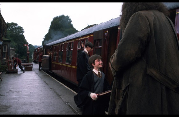 Still from Harry Potter and the Philosopher's Stone with Harry and Hagrid