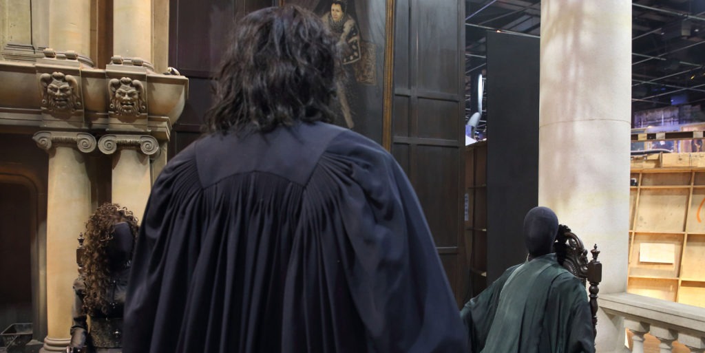Over shoulder shot of Snape looking at Voldemort