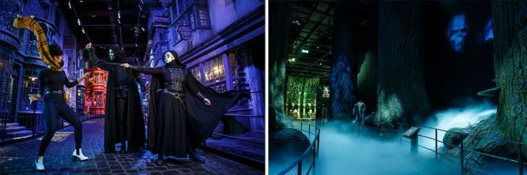 A visitor duels with Death Eaters in the Diagon Alley set and the Forbidden Forest set covered in Special Effects smoke with a Dark Mark sign projected on the wall.