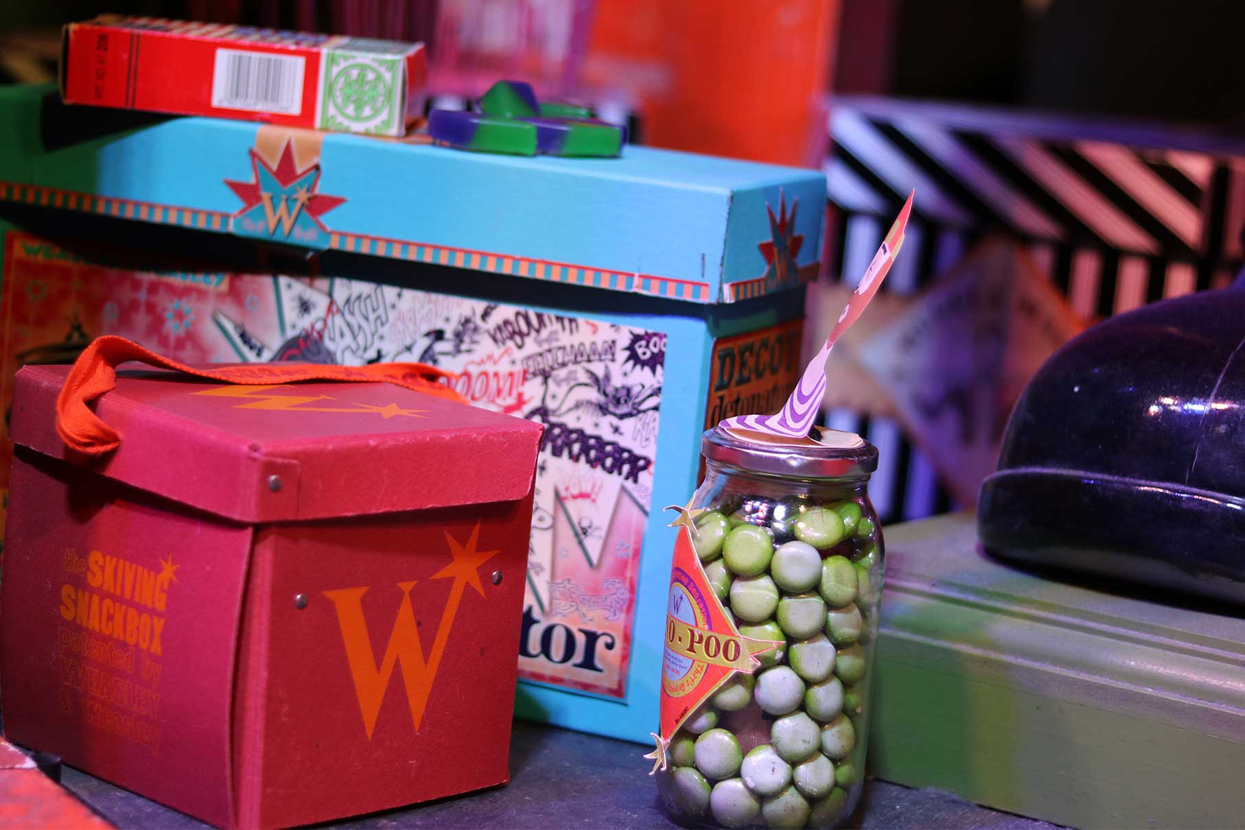 A close up photo of props in Weasleys Wizard Wheezes shop in Diagon Alley