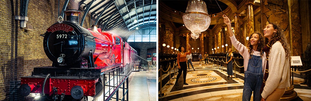 The Hogwarts Express and Gringotts Wizarding Bank sets at Warner Bros. Studio Tour London.