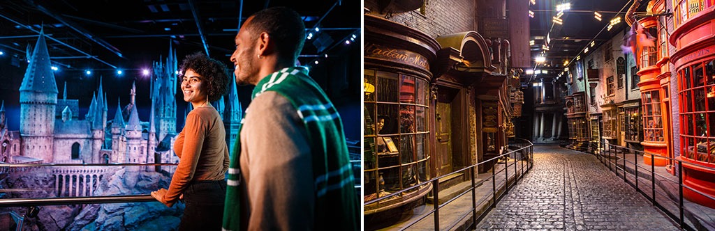 The Hogwarts castle model and Diagon Alley set at Warner Bros. Studio Tour London.