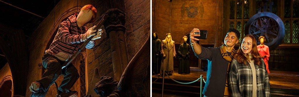 Two images taken during Magical Mischief showing a Weasley costume and visitors in the Great Hall at Warner Bros. Studio Tour London - The Making of Harry Potter