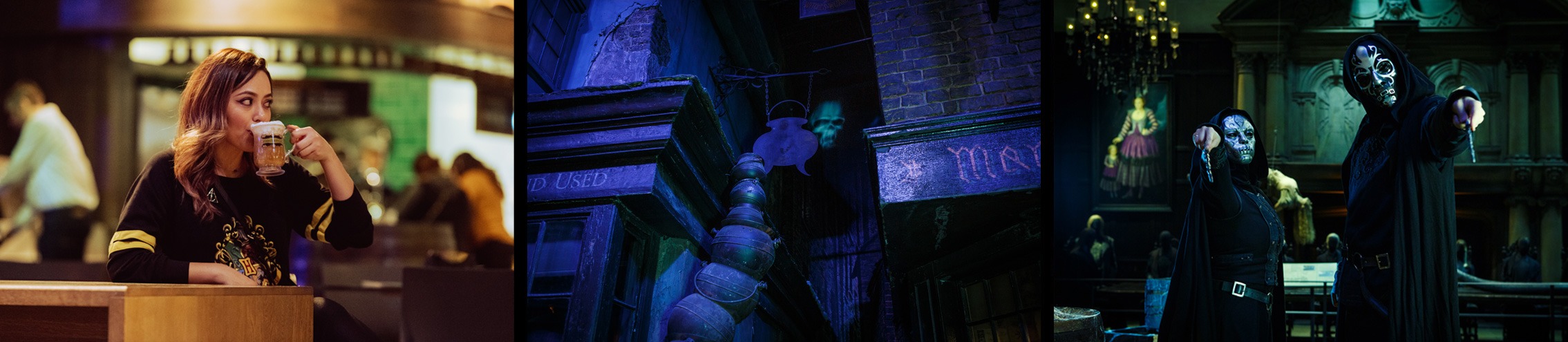 Collage of three photographs showing a visitor drinking Butterbeer, the Dark Mark projected in the Diagon Alley set and two Death Eaters at Warner Bros. Studio Tour London - The Making of Harry Potter