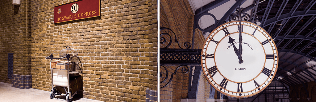 A luggage trolley and clock on Platform 9 3/4 at the Studio Tour.