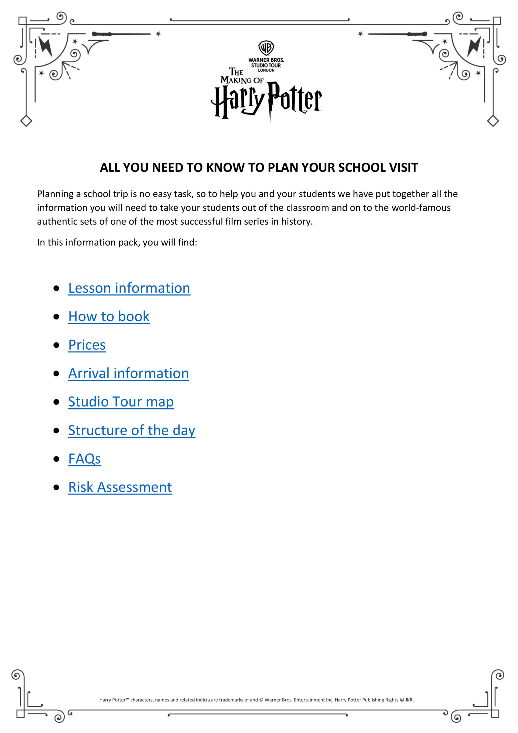 School Visit Information page 1 - Studio Tour