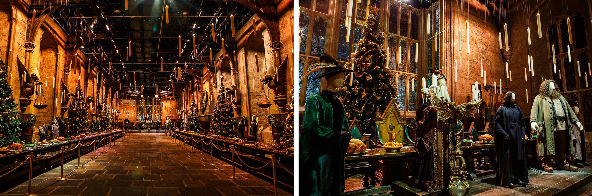 The Great Hall dressed for Christmas during Hogwarts in the Snow at Warner Bros. Studio Tour London.