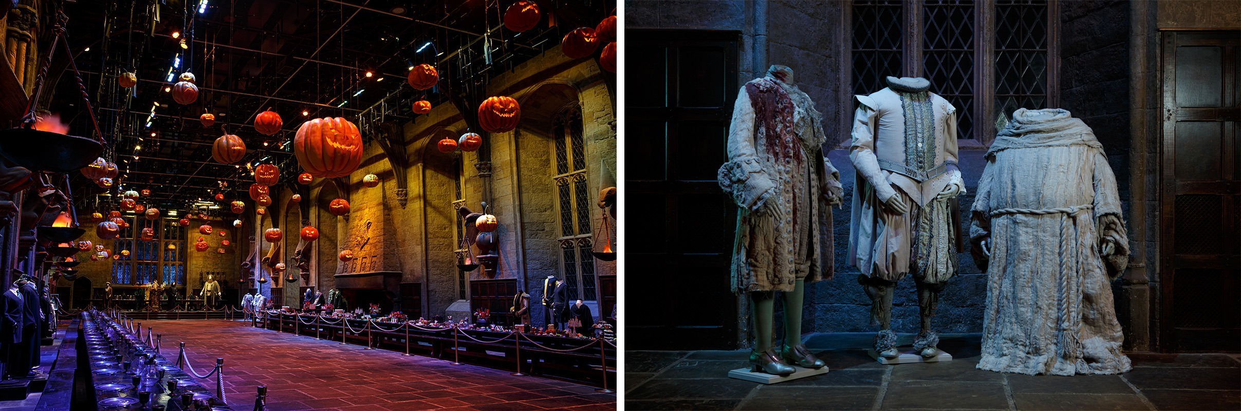 Floating pumkins and Hogwarts ghost costumes in the Great Hall during the Dark Arts feature at Warner Bros. Studio Tour London.