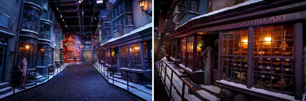 The Diagon Alley set at Warner Bros. Studio Tour London, covered in a blanket of filmmaking snow for the Hogwarts in the Snow feature.