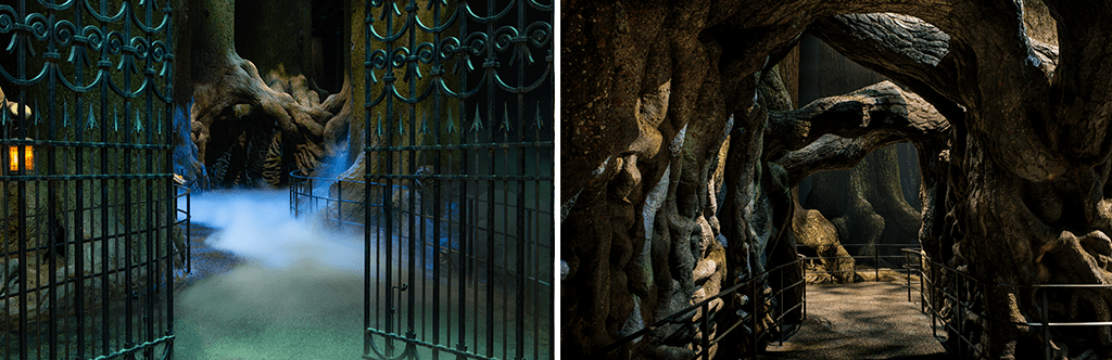 The Forbidden Forest gates and trees, featured in the set at Warner Bros. Studio Tour London.