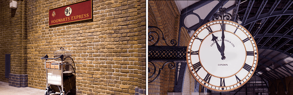 The trolley through the wall and the clock on Platform 9 3/4 at Warner Bros. Studio Tour London.