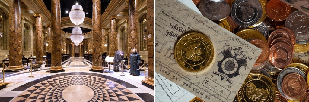 The Gringotts Wizarding Bank set and Gringotts coins at Warner Bros. Studio Tour London.